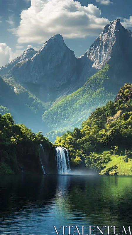 Mountain lake waterfall under towering sunlit peaks.