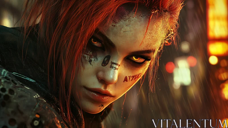 Cyberpunk renegade stares through neon rain with fierce resolve.