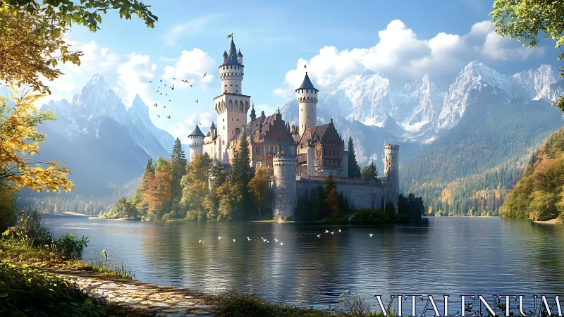 Romantic lakeside castle rendered against alpine mountain skyline