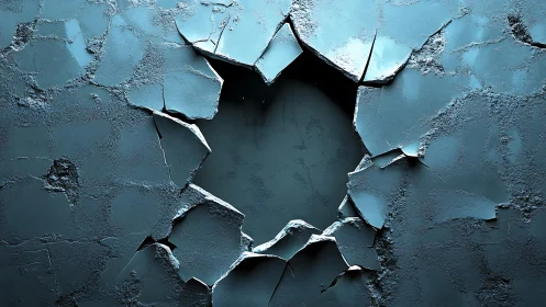 Cracked Blue Concrete Wall with Large Central Hole, Realistic Style.