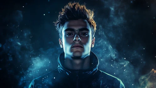 Volumetric-lit cyber portrait amid particulate nebula field.