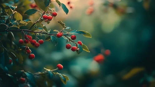 Sunlit red berries hang over cool teal forest bokeh.
