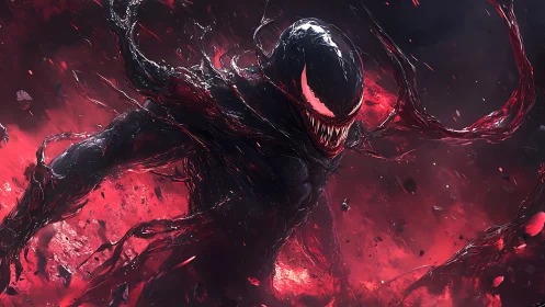 Sinister symbiote bursts through swirling crimson chaos.