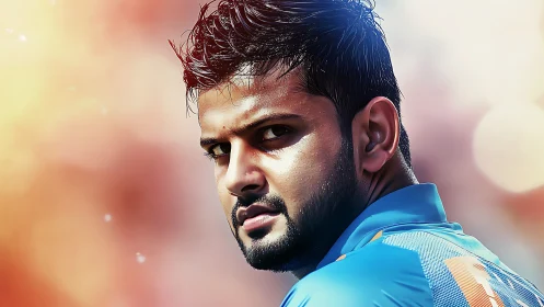 Focused cricket player turns back with intense, steady gaze