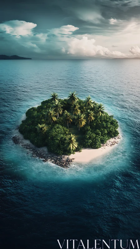 Solitary tropical island surrounded by turquoise waters beneath cloudy skies