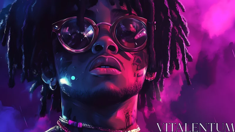 Neon rim-lit portrait of dreadlocked subject with reflective glasses