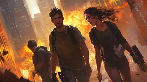 Three armed survivors move through burning urban ruins