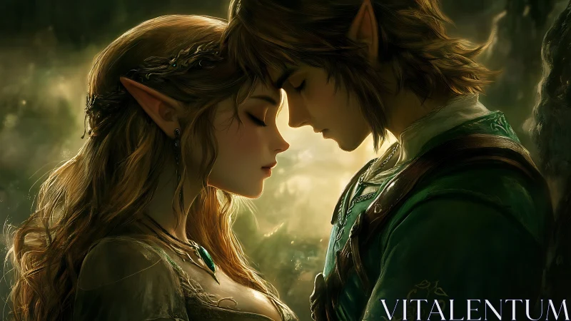 Elven lovers in glowing forest embrace, intimate closeup.