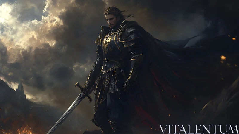 Lone armored knight walks through storm-lit battlefield ruins