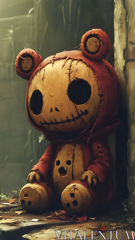 Stitched bear costume doll in decayed outdoor corner.