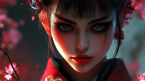 Digital portrait shows intense woman in red floral styling