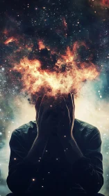 Silhouette holds head as explosive nebula erupts from mind