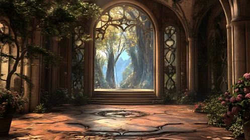 Sunlit elven hall opens onto verdant forest sanctuary