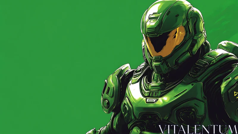 Armored sci fi soldier stands framed by vivid green field.