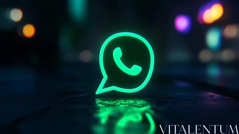 Neon WhatsApp glyph rendered as glowing 3D icon on wet street