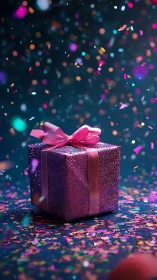 Luminescent Gift Box with Prismatic Particle Dispersion in Dark Space.