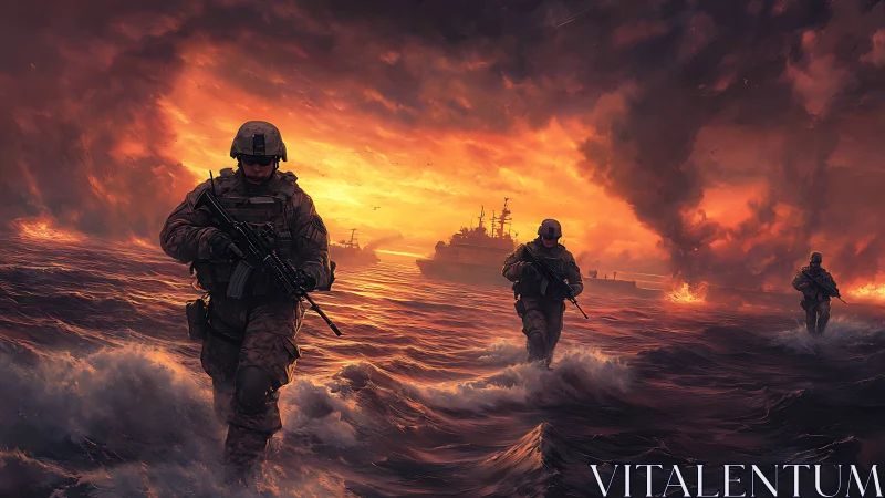 Armed soldiers advance through rough sea under burning sky