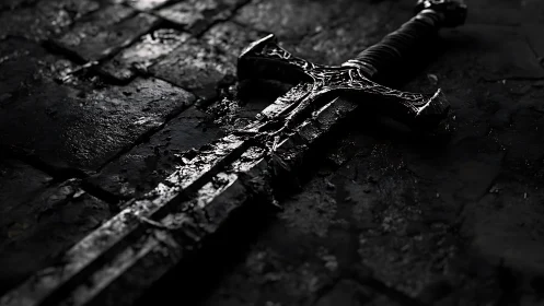 Dark metal sword resting on wet stone pavement at night.