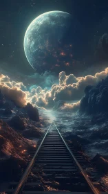 Rail tracks vanish into nebular terrain under enlarged cratered planet