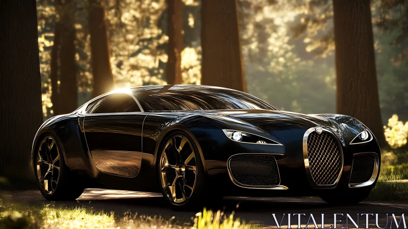 Aerodynamic black hypercar under forest backlit illumination.