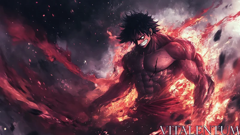 Muscular anime fighter engulfed in swirling red flames.