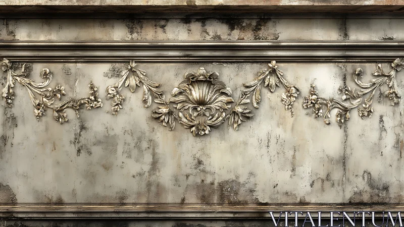 Weathered ornate wall carving quietly preserves old grandeur