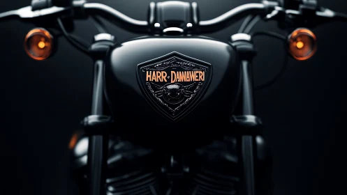 Black custom motorcycle tank with orange emblem closeup.