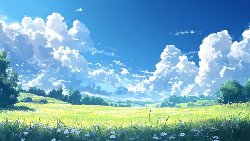 High-atmosphere cumulus over luminant meadow panorama.