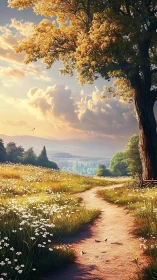 Sunlit country path winding through wildflower meadow at dusk.