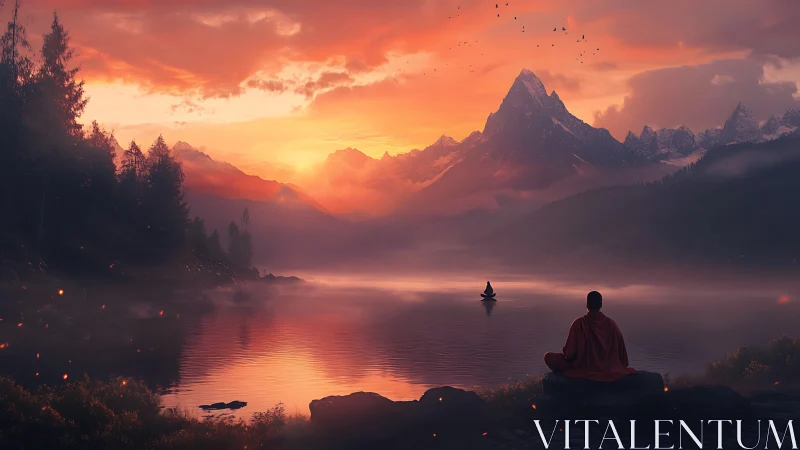 Monk meditates beside misty lake under blazing mountain sunset