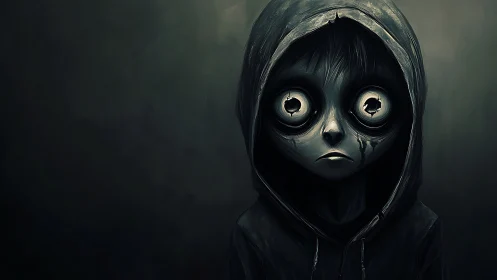 Hooded child with hollow eyes stares into eerie darkness.