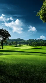Golf course fairway under clear sky with distant trees.