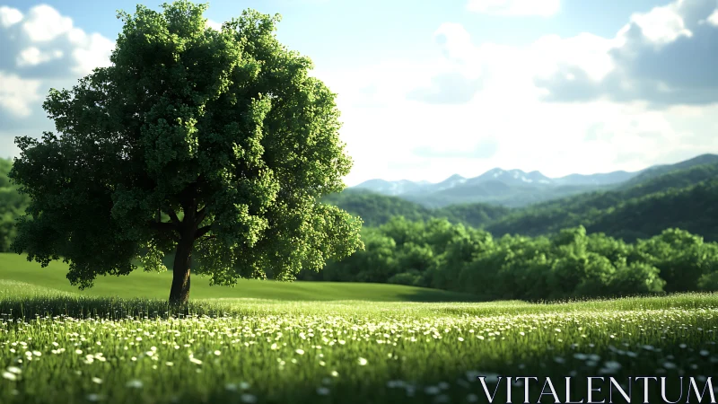 Solitary meadow tree basking in luminous mountain morning.