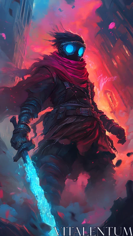 Neon-clad cyberpunk swordsman in vertical inferno composition.