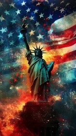 Statue of Liberty against dynamic abstract American flag backdrop
