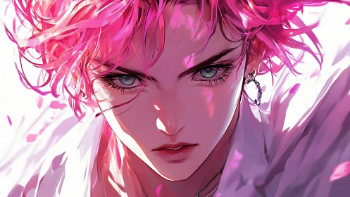 Fierce pink‑haired gaze framed by drifting petal light.