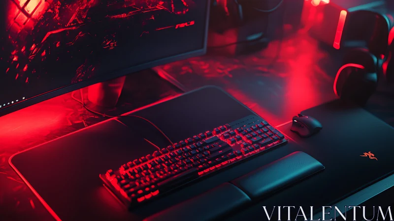 Late-night gaming desk glowing in bold red neon light.