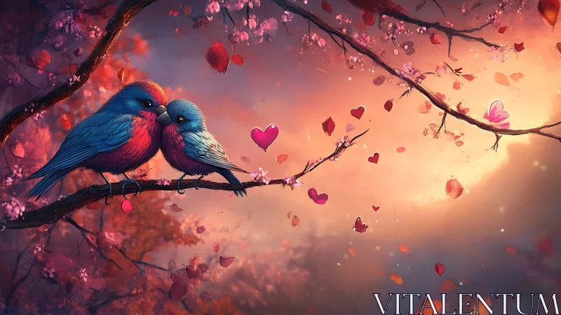 Two birds embrace on flowering branch amid floating hearts and warm sunset