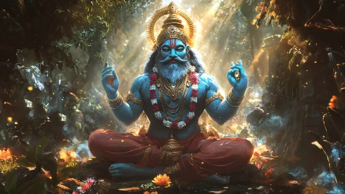 Blue four-armed deity sits meditating in glowing forest