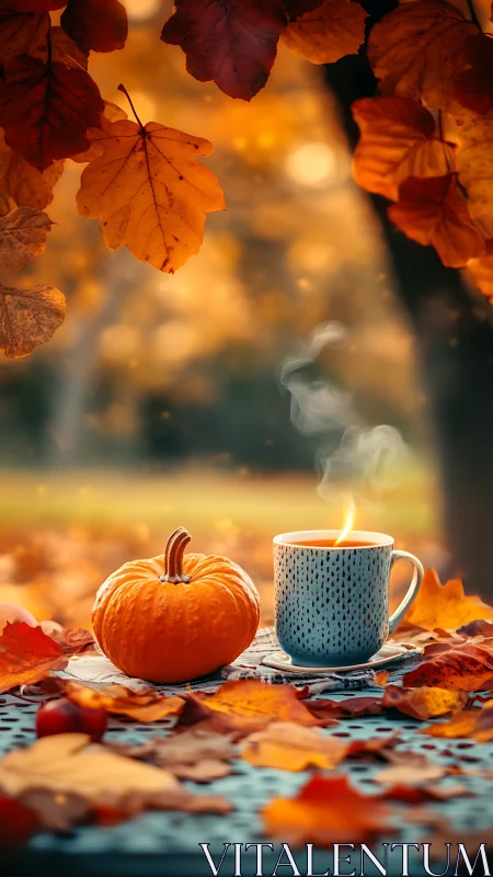 Pumpkin porch brew under ember-bright autumn leaves.