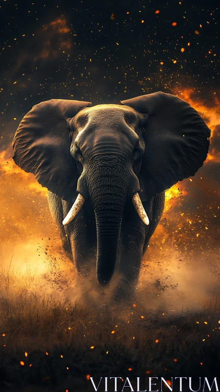 Elephant advancing through firelit savanna with embers.