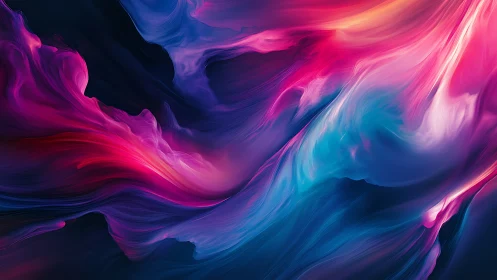 Vibrant neon fluid waves flow across deep dark canvas