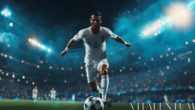 Soccer forward sprints toward ball under vivid stadium lights