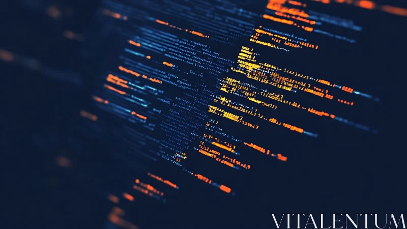 Source code viewport with glowing syntax highlights on navy.