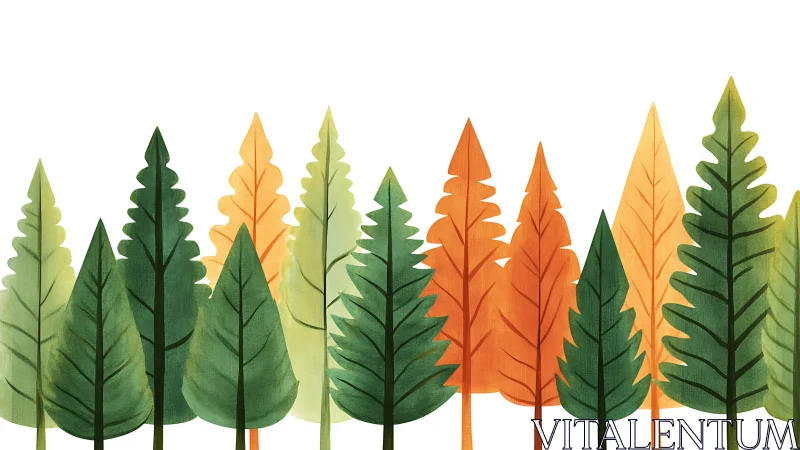 Stylized autumn conifer grove uses flat color and repetition
