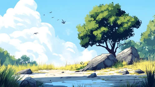 Sunlit riverside tree dreaming beneath towering cloud kingdoms.