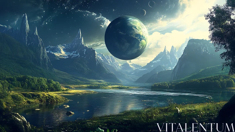 Cosmic alpine river valley under suspended terrestrial sphere.