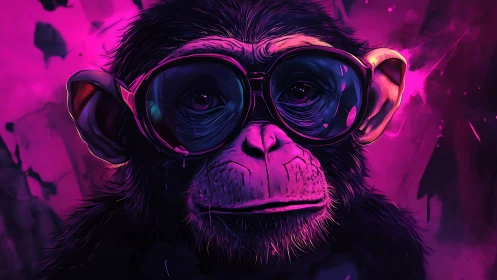 Neon-lit chimpanzee portrait rendered in saturated cyberpunk hues