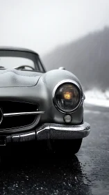 Classic silver coupe front end sits on wet winter road