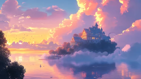 Floating castle rises above misty waters during golden sunset.